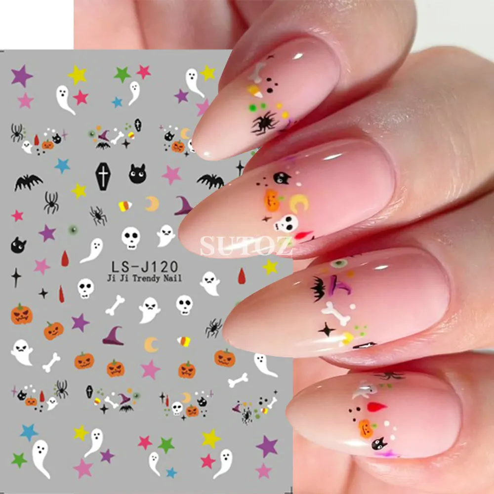 Cartoon Ghost Nail Stickers decorazione di Halloween Cute Pumpkin Slider Heart Spider Web Bat Skull Charms Manicure Decal LEBLS-J116