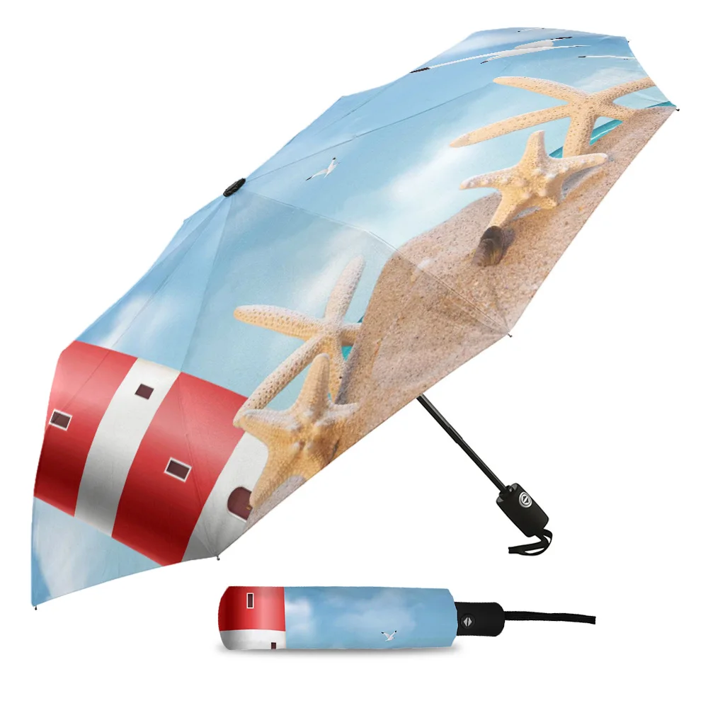 Sea Beach Lighthouse Starfish Seagull Creative Umbrella Rain Women Automatic Three Folding Umbrellas Windproof Parasol Parapluie