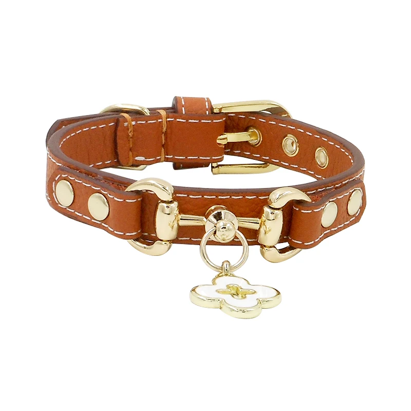 Pet Collar High Quality Soft Leather Personaliezed Brown Dog Collar Cat Puppy Pendant Free Gold Buckle Designer Collar Necklac