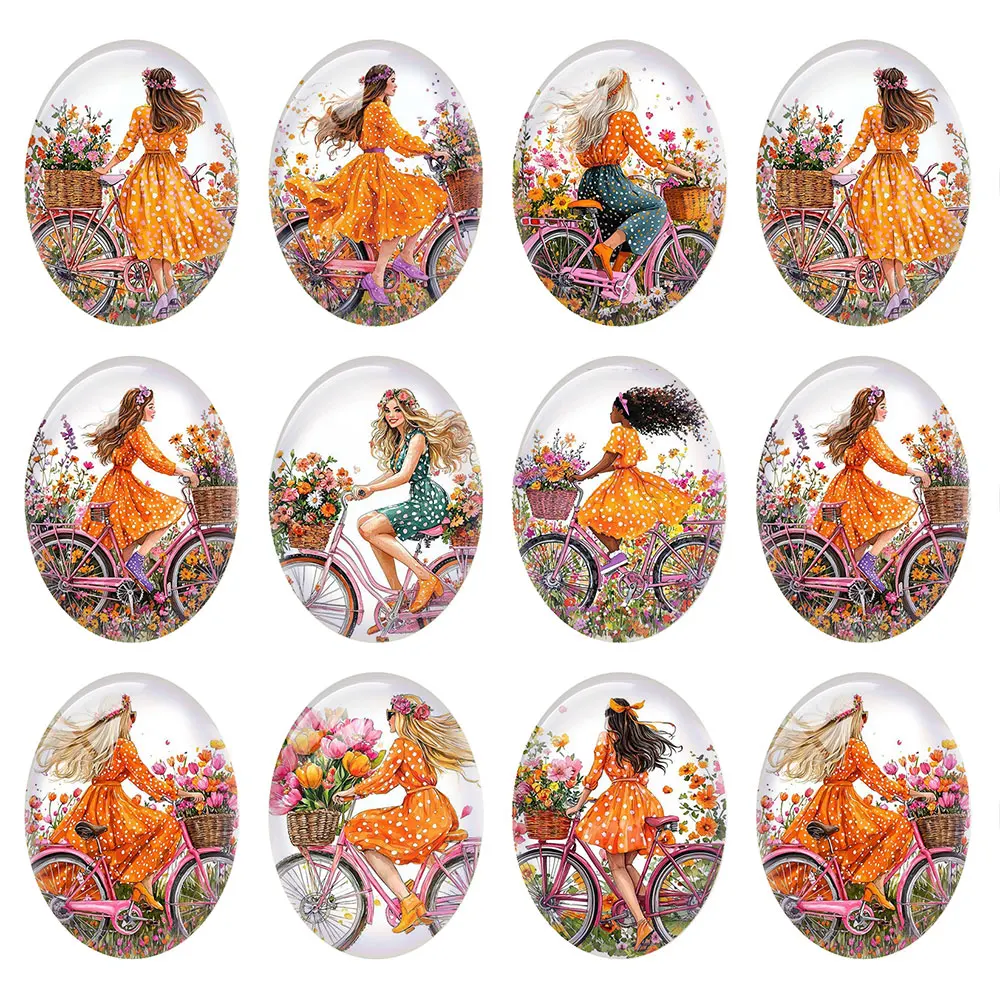 Random Mixed Round/Oval/Square Bicycle Flower Field Girl Photo Glass Cabochon Flatback Demo Cameo For Diy Jewelry Making