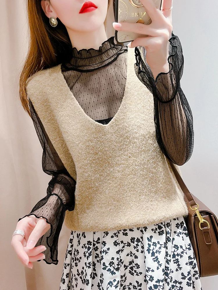 Top de Rede Transparente Sexy com Gola Alta para Mulheres, Moda de Outono e Inverno