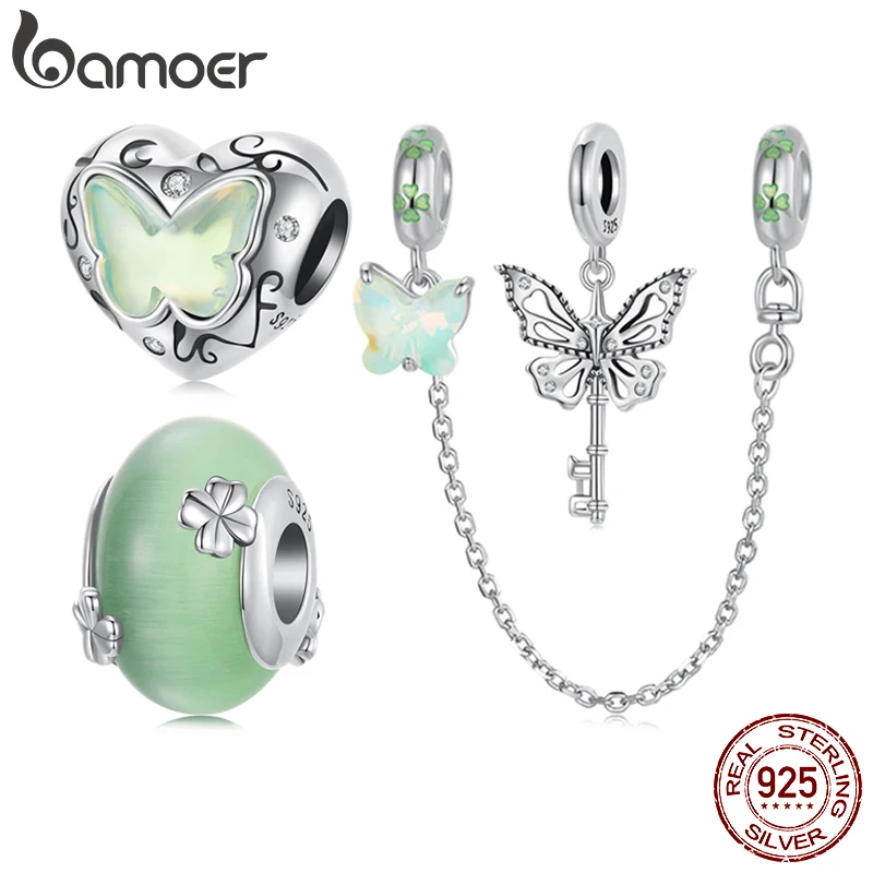 BAMOER Solid 925 Sterling Silver Green Butterfly Charm fit Original Bracelet DIY Jewelry Accessories bamoer Bead SCC3017