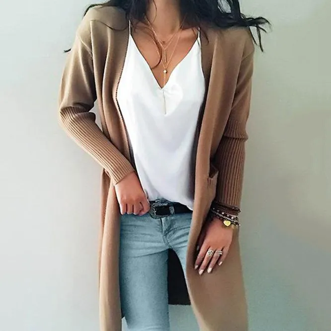

New Long Cardigan Sweater Women's Faion Polyester Fabric Long Sve Mid-Length Open Front Knitwear Autumn Season