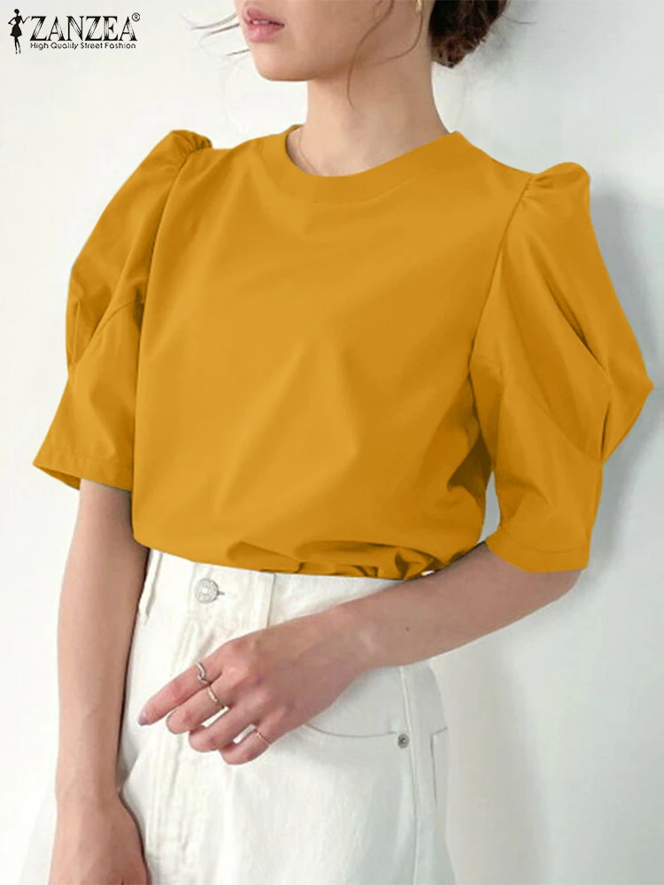 

ZANZEA Women Korean Vintage Blouse 2025 Fashion Short Puff Sleeve Tunic Tops Summer Shirts Casual Loose Solid Color Blusas Femme