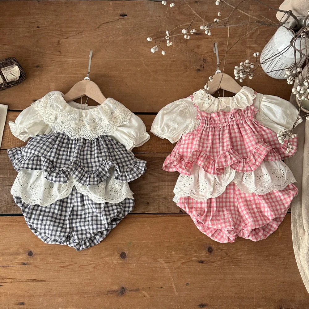 2026 Summer New Baby Sleeveless Clothes Set Infant Girls Cute Plaid Sling Tops + Lace Shorts 2pcs Suit Toddler Cotton Outfits