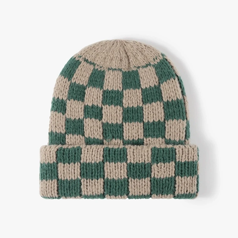 Schachbrett-Strickmütze, Herbst und Winter, koreanischer Stil, Nische, großer Kopfumfang, Wollmütze, japanischer Stil, Weihnachtsmütze – Detail 5