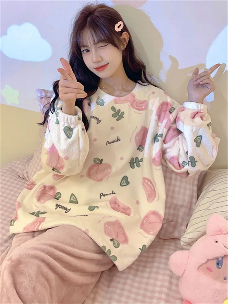 Sweet Girls Print Pullover Long Sleeved Pants Pajamas Sets New Fall Winter Coral Velvet Thick Warm Peach Women\'s Home Sleepwear