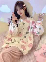 Sweet Girls Print Pullover Long Sleeved Pants Pajamas Sets New Fall Winter Coral Velvet Thick Warm Peach Women's Home Sleepwear