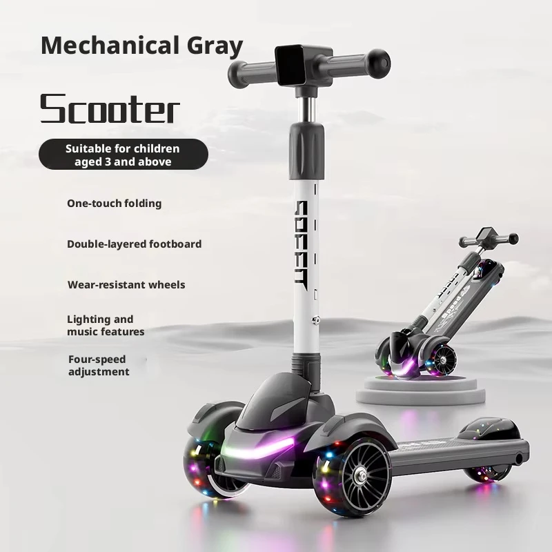 Sell Well Kids Scooter for 3+ Years Old, 4-Level Height Adjustable, One-Click Folding, Double Deck Pedal, Wear-Resistant Flashi