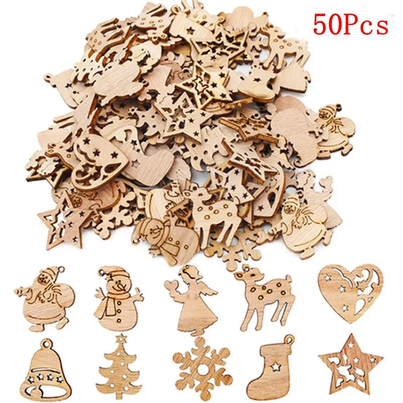 50Pcs 3cm Cartoon Wooden Christmas Snowflake Tree Angel Mini Wood Chip Mixed Christmas DIY Home Room Decoration Accessories