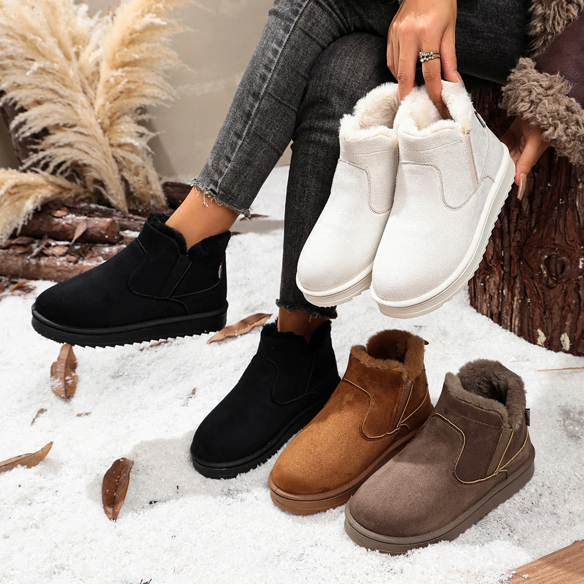 Women Boots Trend Winter Thick Bottom Shoes Warm Lined Round Toe Snow Boots Women Slip-On Cotton Large Size Shoes for Women
