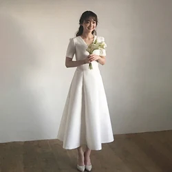 Korean Style Satin Wedding Dress Women V-Neck Short Sleeves Temperament Mid Long Bride Dresses Simple Elegant A-line Formal Gown