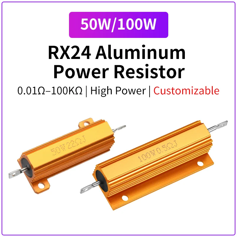 

RX24 50 Вт 100 Вт алюминиевый резистор с проволочной обмоткой 0,01 Ом-100 кОм золотой корпус с фиксированной нагрузкой для аудио светодиодного тормоза двигателя