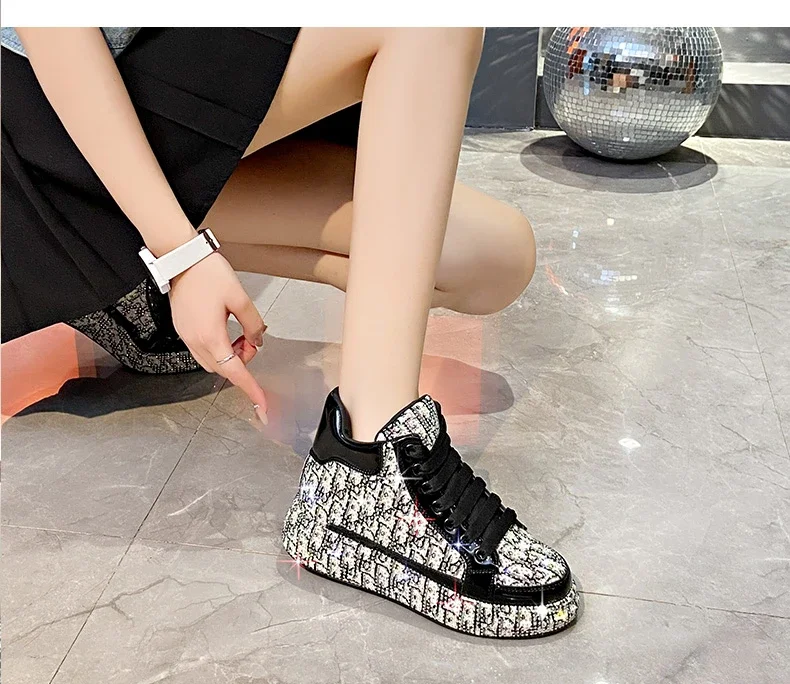 Women's Full Diamond Platform Sneakers Personalized Water Diamond Colored Embroidery Casual Shoes High Top Luxury Sports Shoes