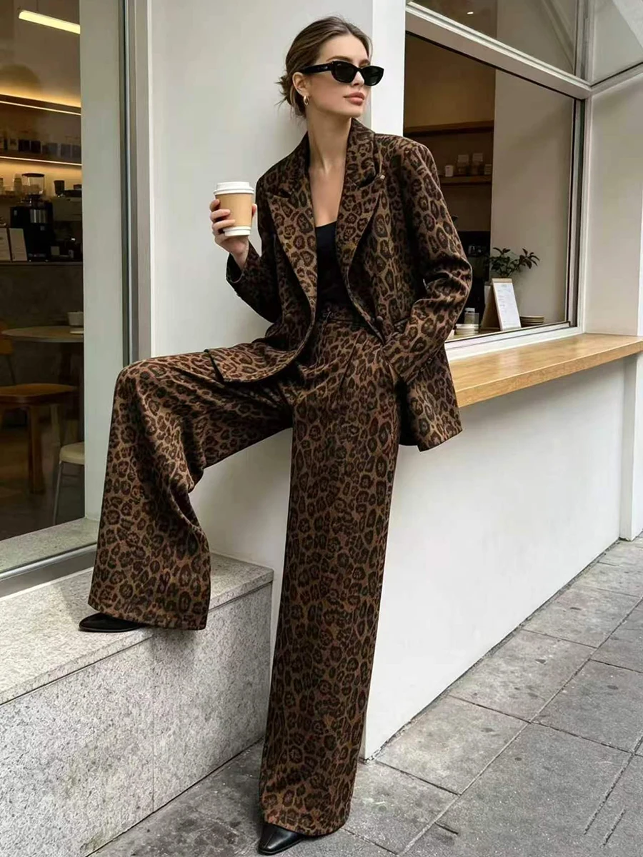 LIMO Vintage Leopard Print Suit Two Piece Set Women Blazer Wide Leg Pants Casual Office Streetwear Matching Outfit