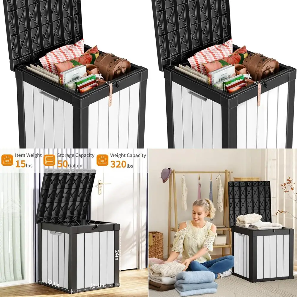 

50 Gallon Resin Deck Box, Waterproof and UV-Protected, Ideal for Patio, Garden, and Poolside, Striped Black & White