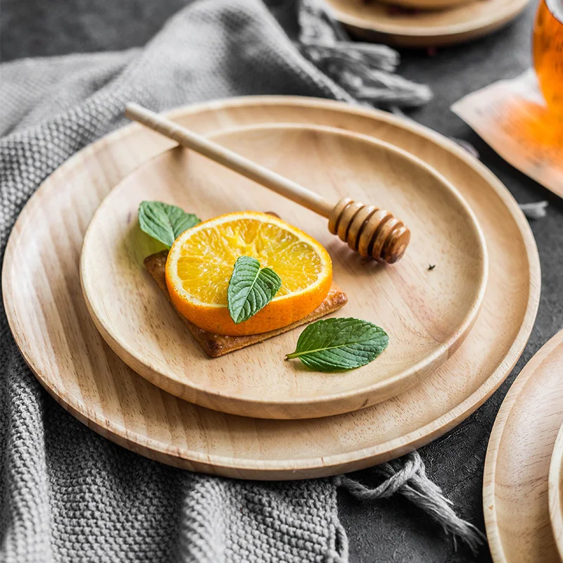 Assiette de service en bois massif, ensemble d'assiettes à gâteau, à Dessert, à collation, à fruits, à Sushi, ustensiles de cuisine Dia 15cm 20cm