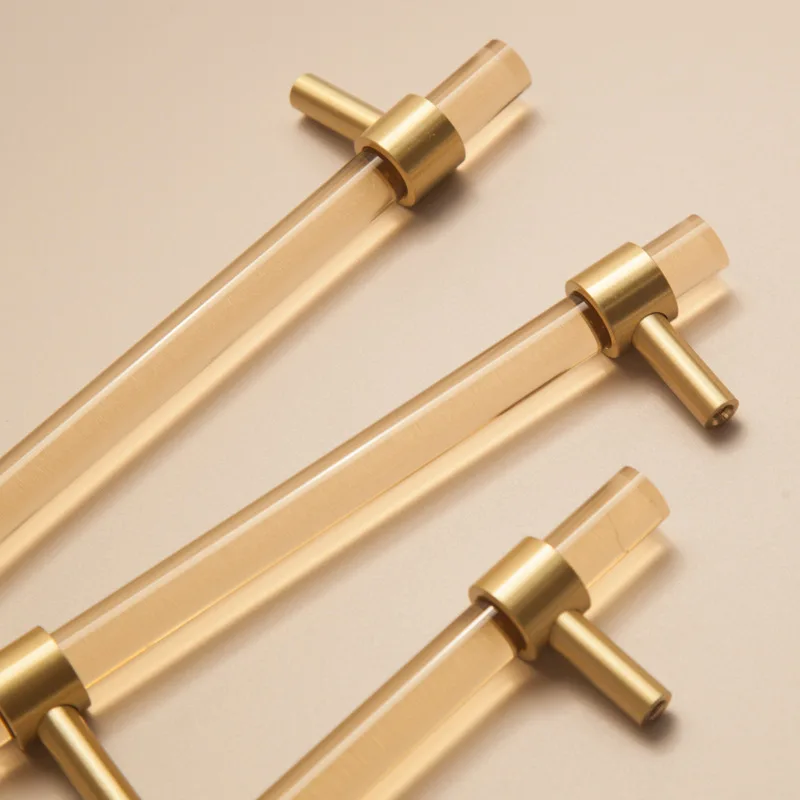 Champagne Cupboard Handle Simple Brass Acrylic Dresser Drawer Pull T Bar Bedroom Bathroom Furniture Handles