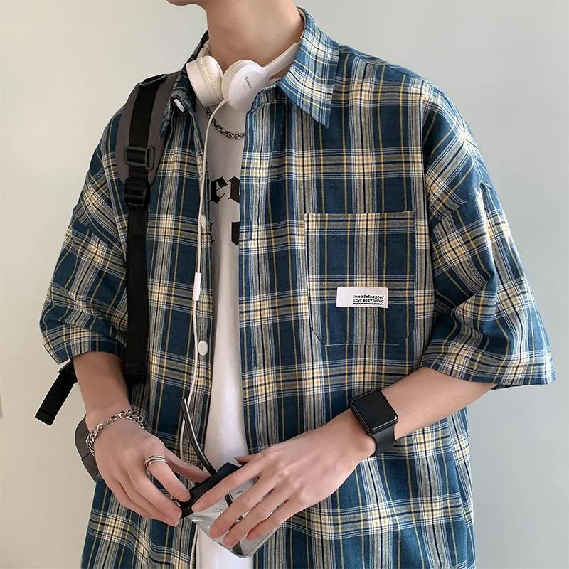 

Large Size 300 Pou Casual Plaid Men's irt Summer New ort Sve Hong Kong Sle Versatile Youth Top American Sle Lon...