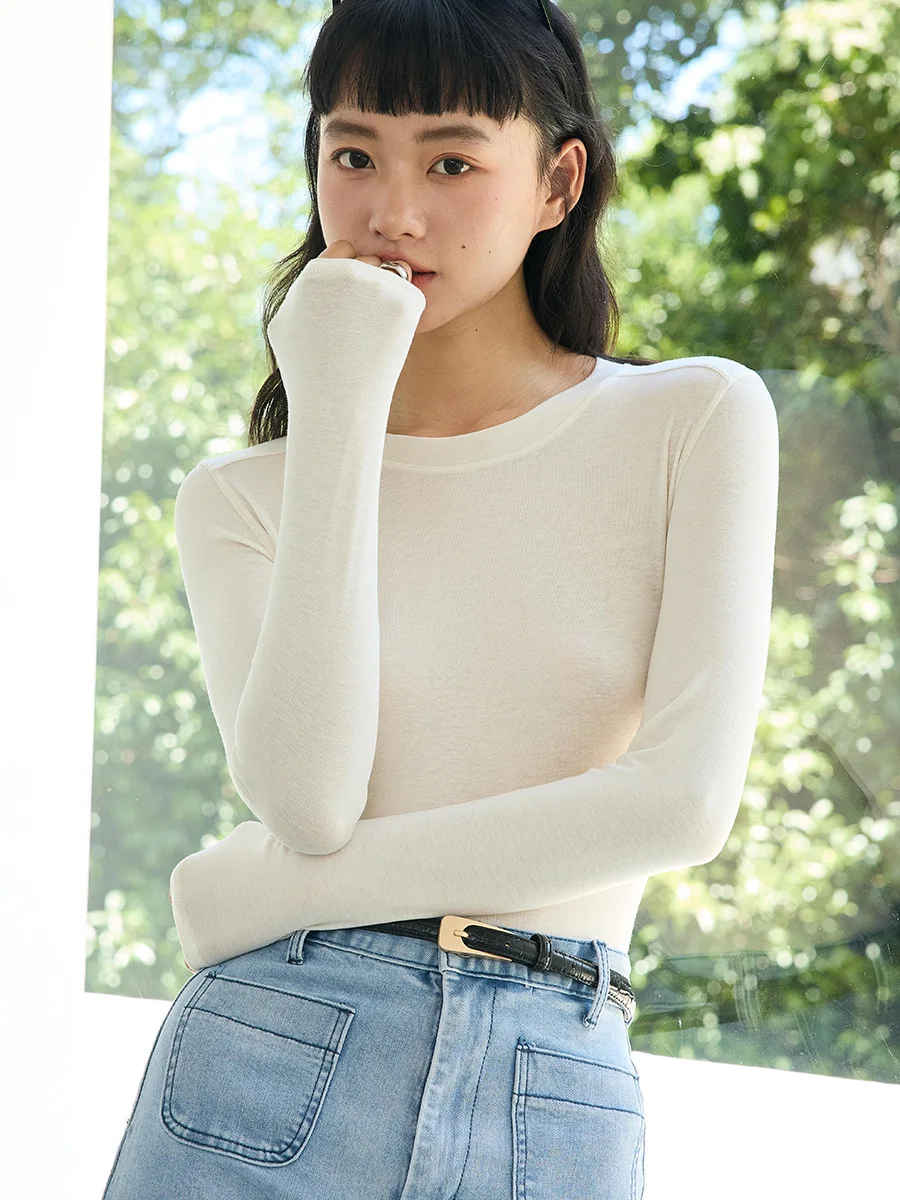 Autumn And Winter Tencel Acetate Primer Women's Round Neck Warm Knitted Shirt Solid Color Interior Long Sleeve Top Female Cultiv