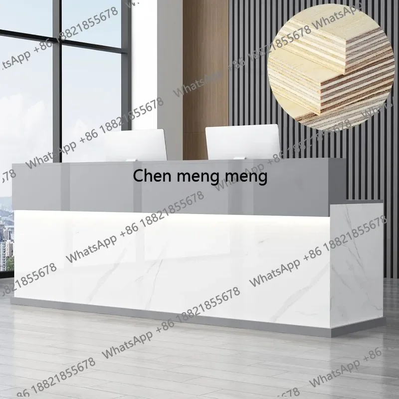 A178  Reception Desk with Counter, Front Desk Reception Counter, Modern Reception Desk with Lockable Drawers ＆ Cabinets ＆ LED Li