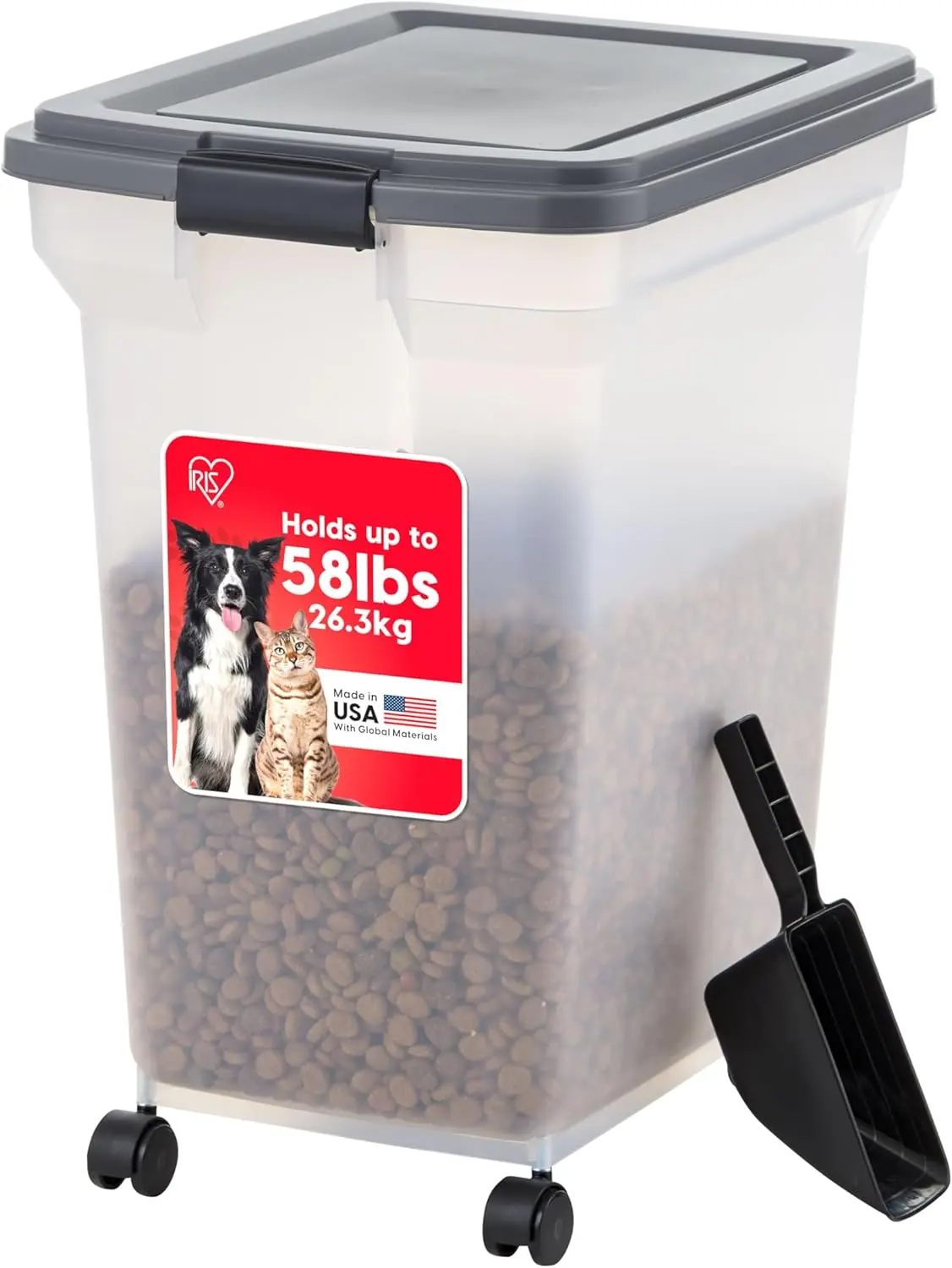 

58 lbs Pet Food Storage Container with Wheels & Scoop, Airtight, BPA-Free, Easy Mobility for Dogs Cats Birds