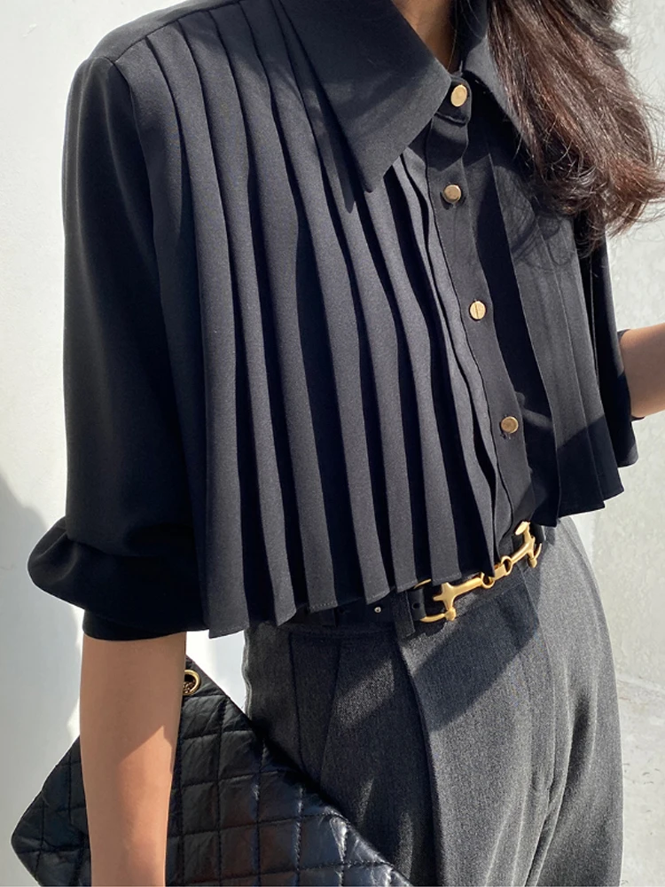 Heavy Industry  Polo Pleat Black Shirts Women Korean Sle Spring Design Short Shirt High Waist All-Matching Top