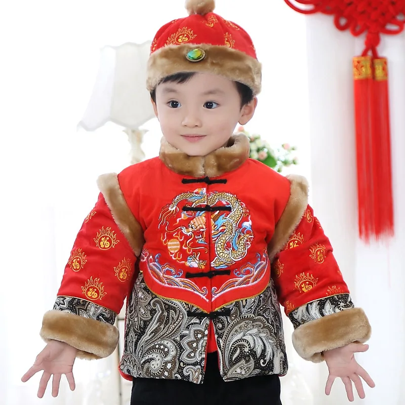 

Chinese New Year's Kid Tang Suit Costume Winter Thickened Cotton-Padded Jacket Pants Exquisite Print Hanfu Performance Clothes