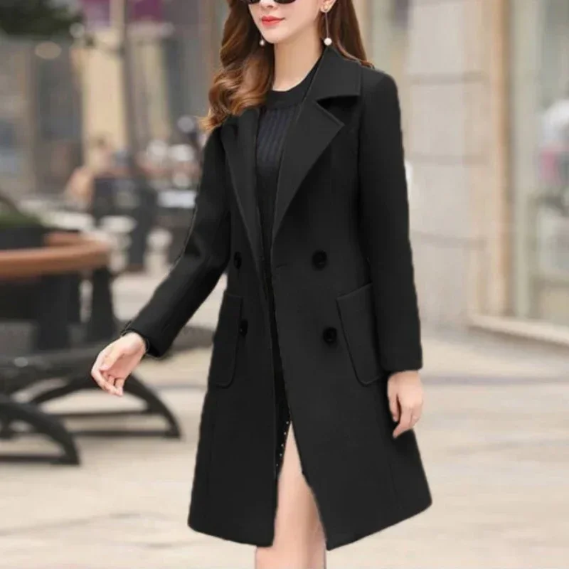 

2023 Autumn Winter New Korean Version Slim Fit Women Mid Length Coat Fashion Waist Closing Female Woolen Coats Jackets