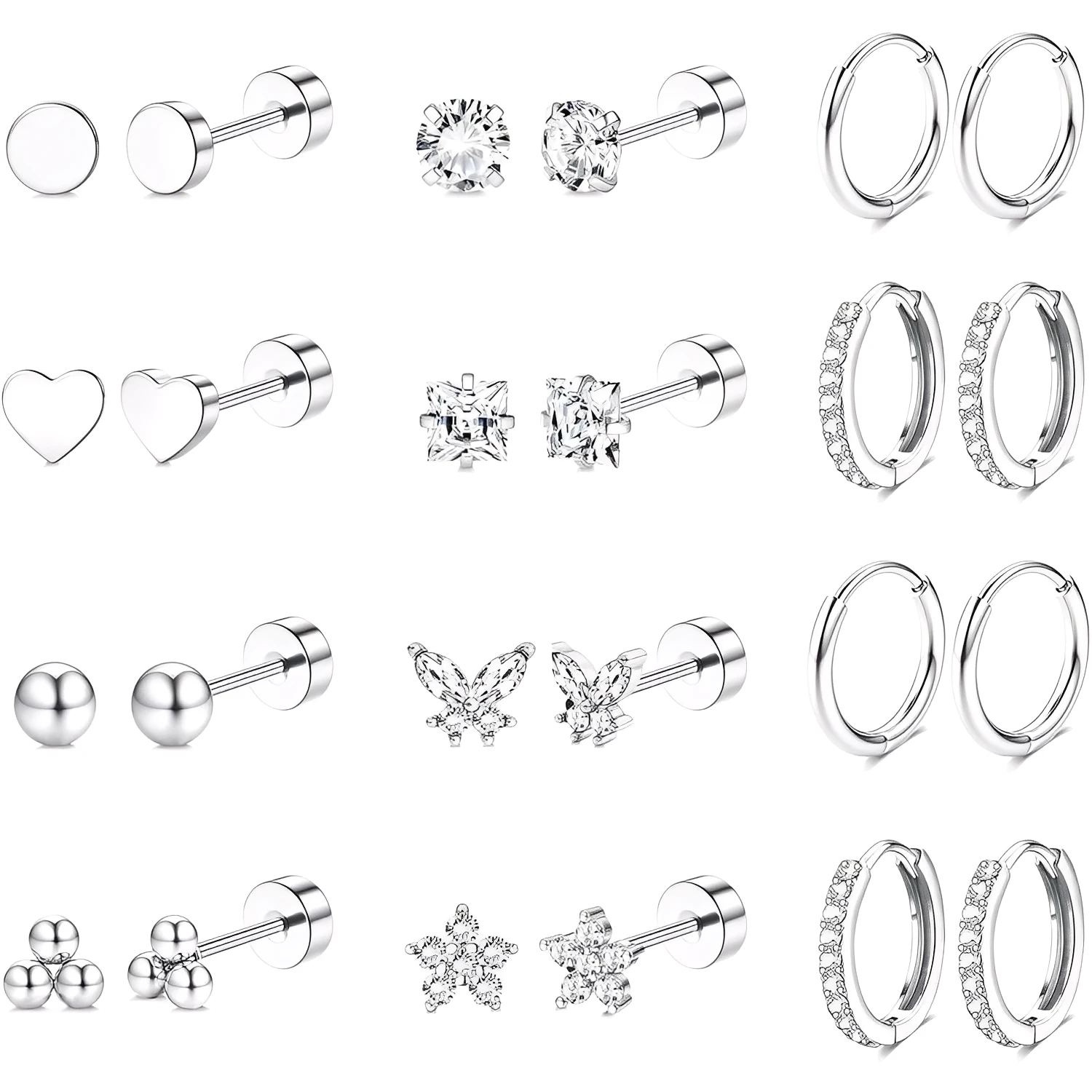 

Florideco Cartilage Earrings Set for Women Flat Back Surgical Steel Earrings Stud Hoop Set for Sensitive Ears Multiple Piercing