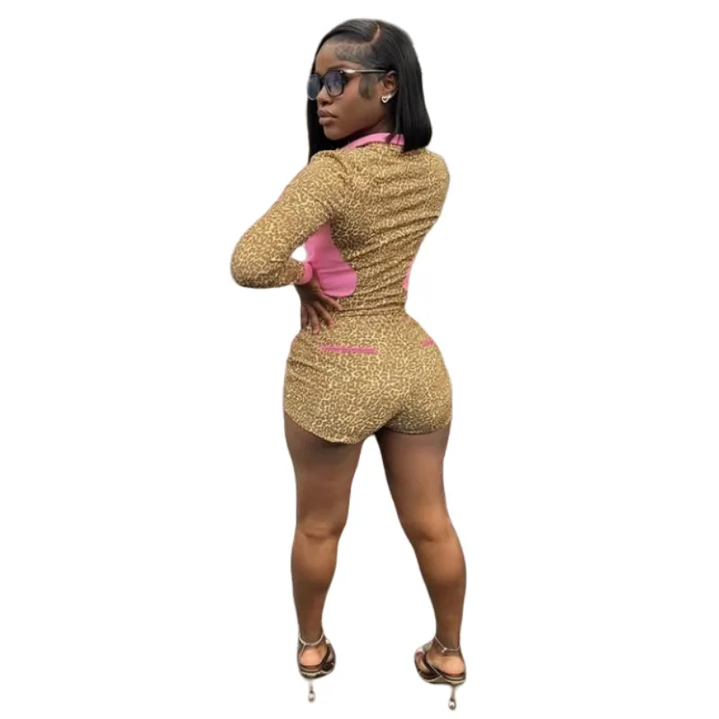 เสือดาวพิมพ์ผู้หญิง 2 ชิ้นชุดแขนยาวซิป Fly เสื้อ Skinny BIKER กางเกงขาสั้นชุดจับคู่ 2025 ฟิตเนส ...