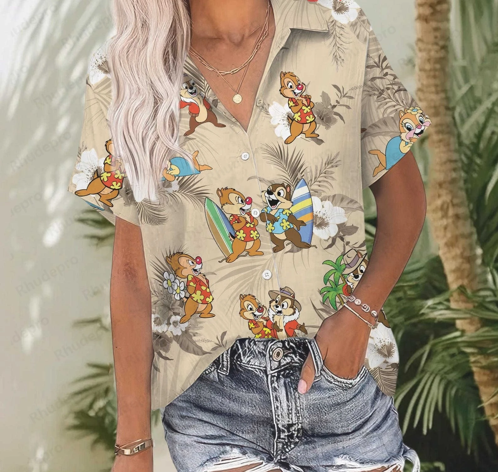 Disney Chip And Dale Hawaiian Shirt Women's Short Sleeve Button Shirt Summer Men's Casual Beach Vacation Sun Protection Shirt