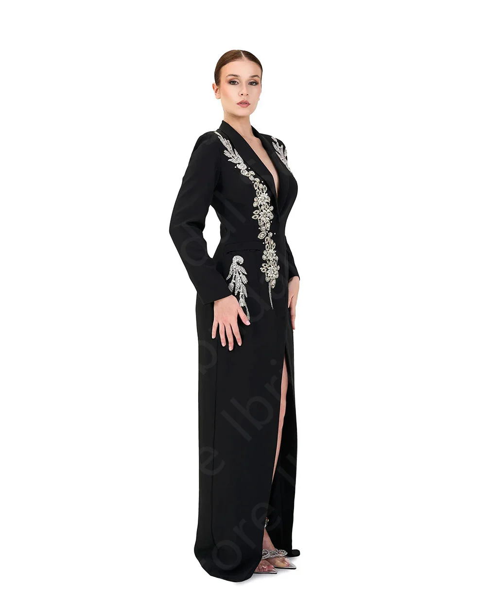 Maßgeschneiderte klassische Abendkleider im Angebot, schwarze lange Ärmel, Ballkleider, vorne geteilte Kleider für Hochzeitsgäste, Kristallperlen