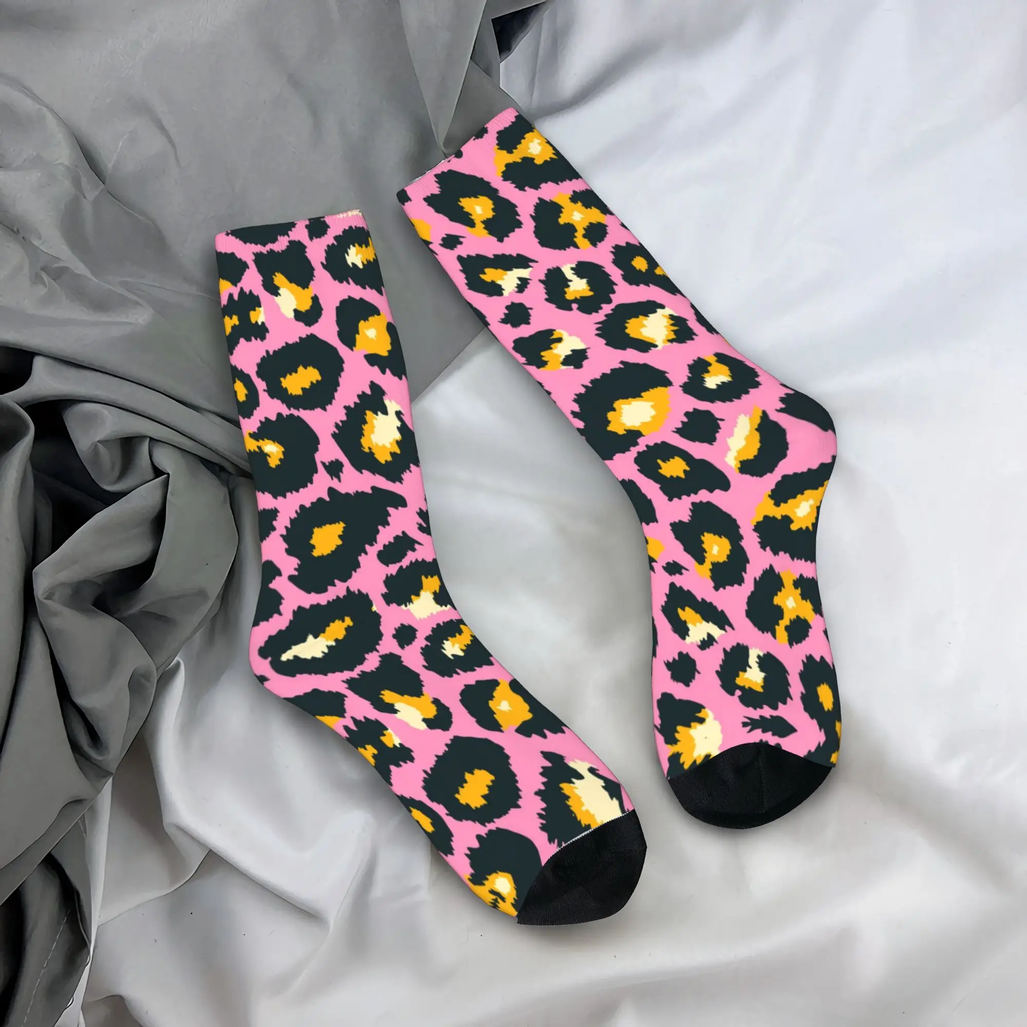 

Носки с индивидуальным принтом: Леопардовый узор, яркие цвета, для женщин и мужчин, эластичные, на лето, осень, зиму, классические носки средней длины