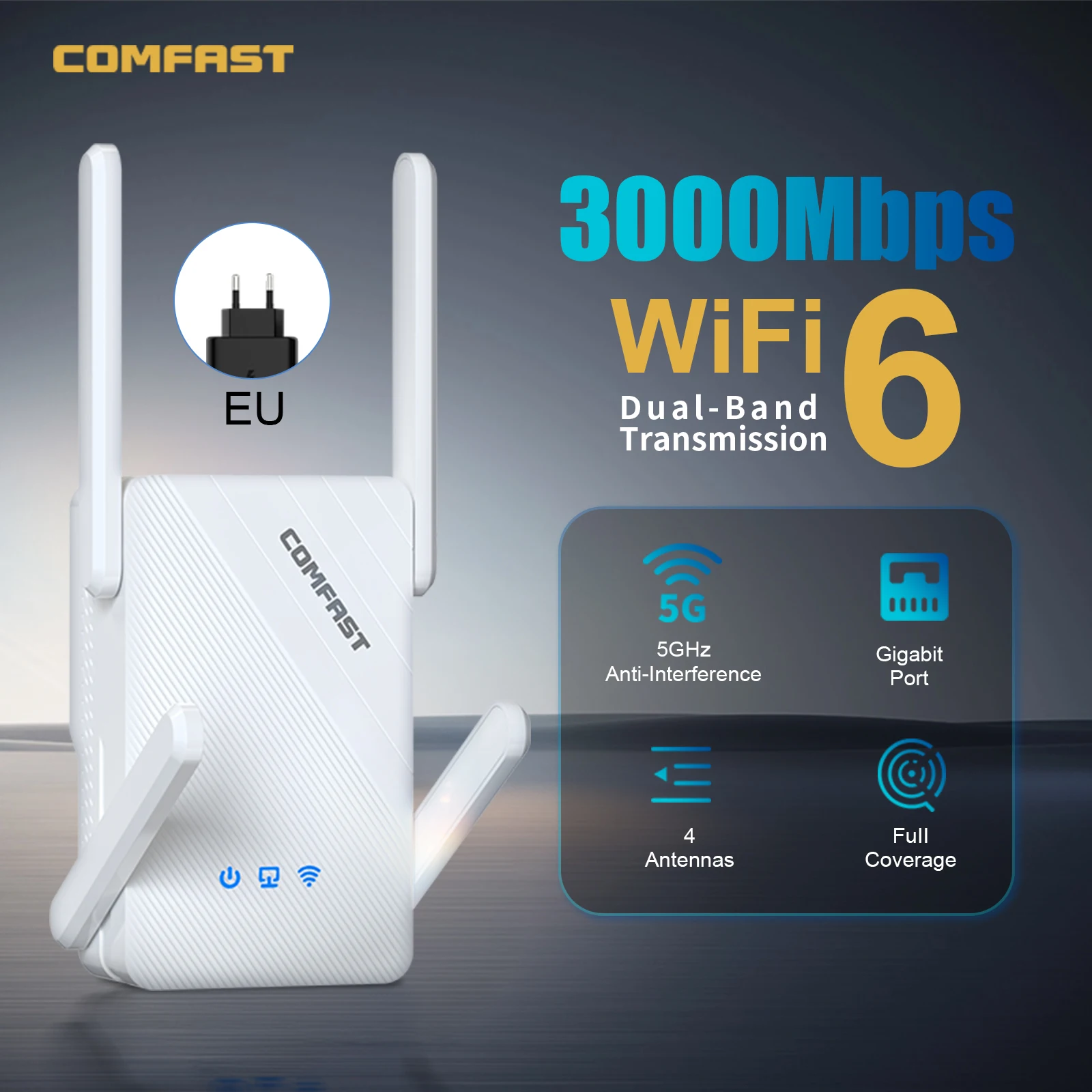 COMFAST 3000Mbps WiFi6 Repeater Wireless Dual Band 2.4G/5.8G WiFi Amplifier Signal 4 Antenna Long Range Signal Booster For Home
