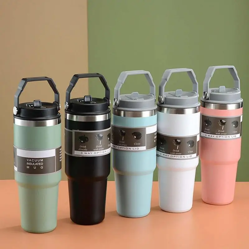 900ml Thermos Coffee Mug With Handle Straw Stainless Steel Coffee Termos Cup In-Car Vacuum Flask Portable Cafe Insulated Tumbler