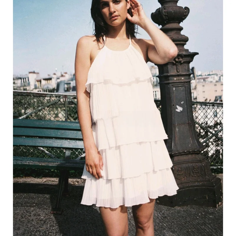 Vestido f novo de verão, gola suspensa, decoração em camadas, costas nuas, versão H, estilo fada, casual, vestido de f...