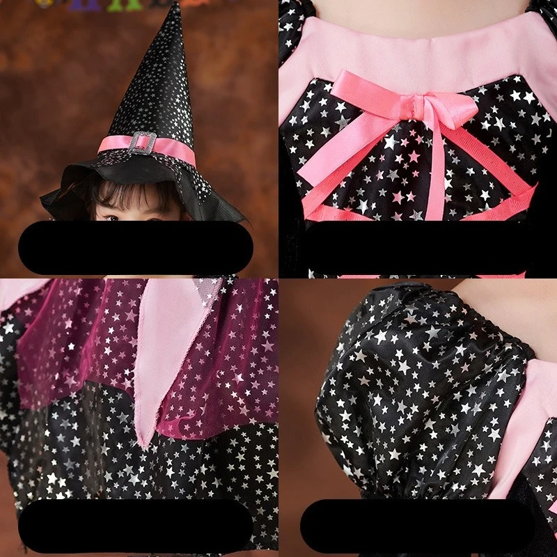Hexenkostüm für Mädchen, Halloween-Komplettset, schwarz-rosa Stern-Tüllkleid, Hut, Halskette, Zauberstab, Socken, Festtagsparty-Kostüm – Detail 6