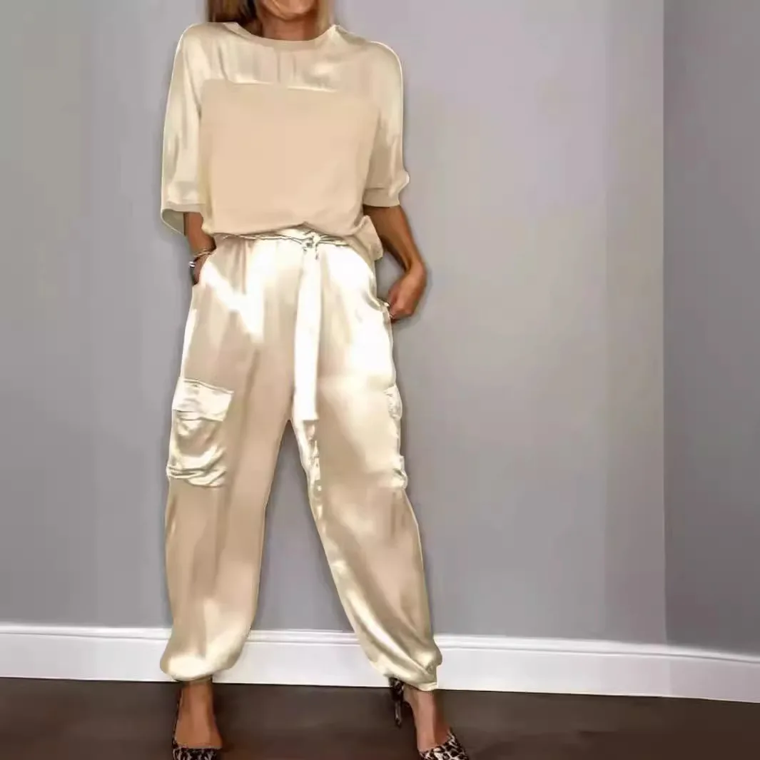 

Fashion Solid Color Two Piece Sets 2024 Spring Summer Women's O-neck Half Sleeved Top & Long Pants Casual Loose Sporty Outfits