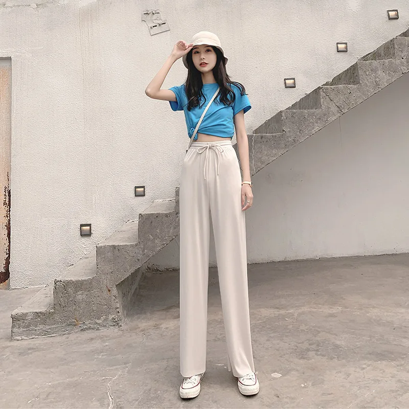 Women Long Pants Spring Summer Straight Long Elastic Waist Wide Leg women long trousers Casual Soft Knitted Pants