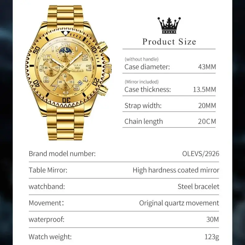 OLEVS 2926 Men\'s Watch Luxury Brand Gold Waterproof Calendar Moon Phase Chronograph Top Fashion Stainless Steel Men Quartz Watch