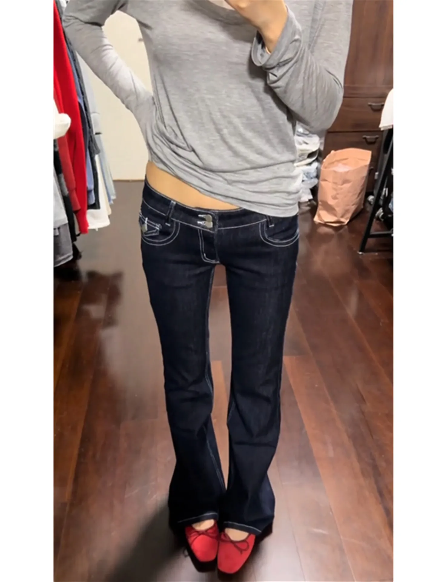 

American Retro Low Waist Bell Bottom Jeans Women Summer Slimming Washed Long Floor Length Pants Cotton Soft Comfortable