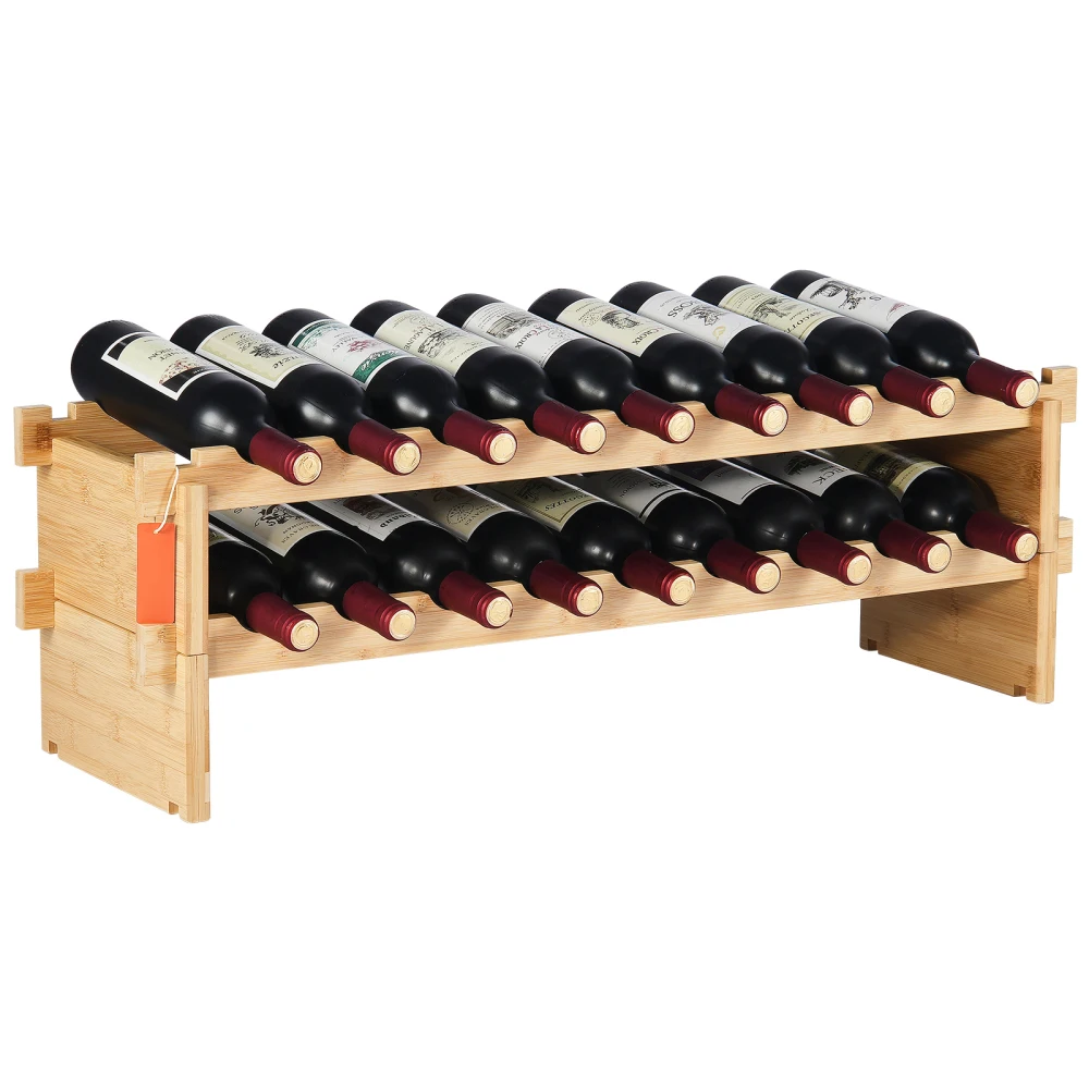 

18 Bottle Stackable Modular Wine Rack Bamboo Wood Display Shelf 2-Tier