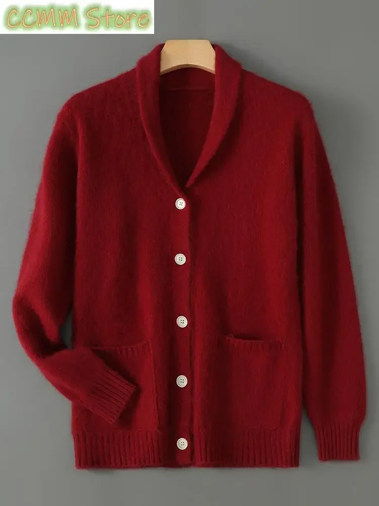 Men Mink Cashmere Knitwear Cardigan Turn-down Collar Sweater Autumn Winter Smart Casual Thick Long Sleeve Pockets Soft Tops