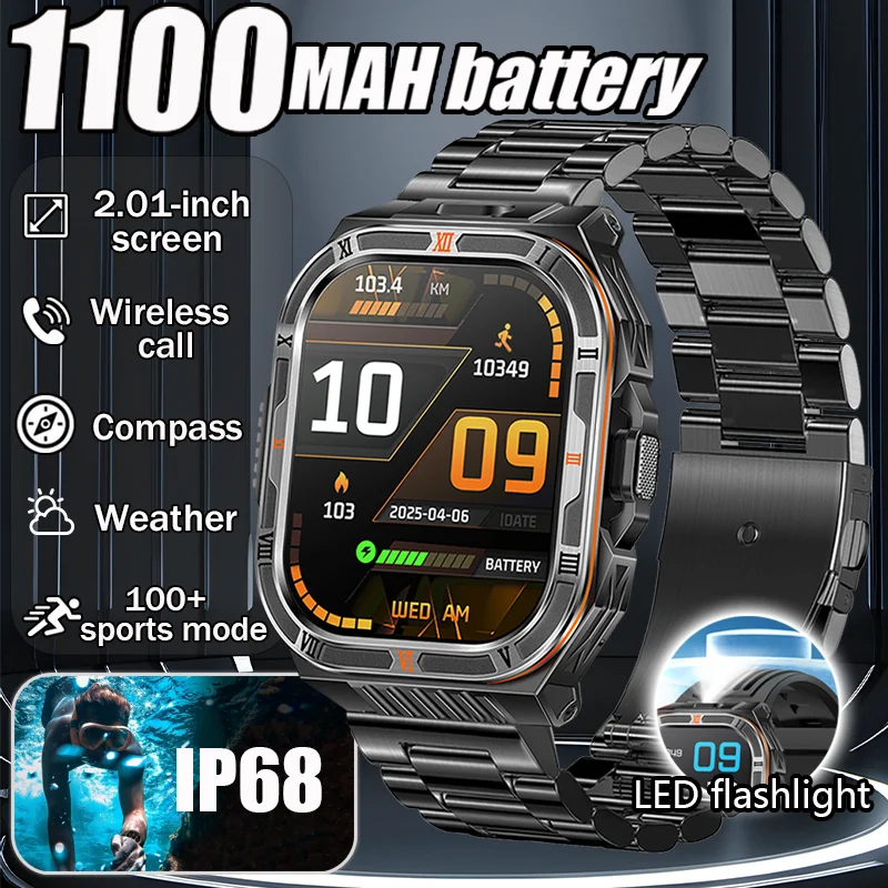 

2025 latest 2.01 -inch high-definition screen LED flashlight outdoors compass health monitor with 1100 mah battery smart watches