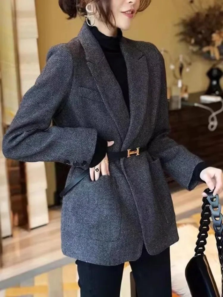 Dark Gray Woolen Blazer Women Mid-Length Coats 2025 Spring/Autumn Herringbone Suit Woolen Coat Office Lady Jacket Women Clothing