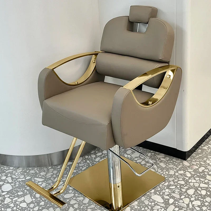 Silla giratoria De cuero para salón De barbería, mueble De lujo dorado con patas hidraulicas