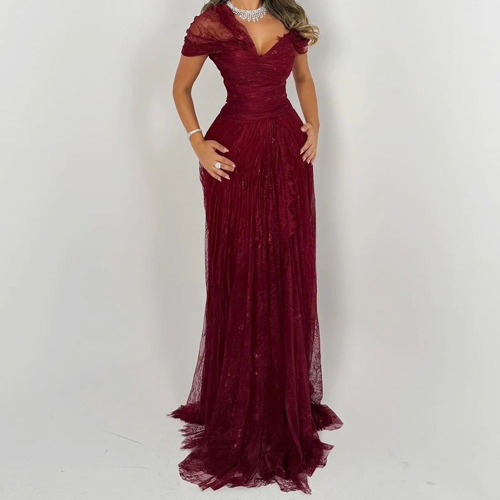 

Customized A-line Evening Dresses Floor-length V-neck Sleeveless Prom Gown Fashion Lace Pleat Simple Draped Casual Party Gown