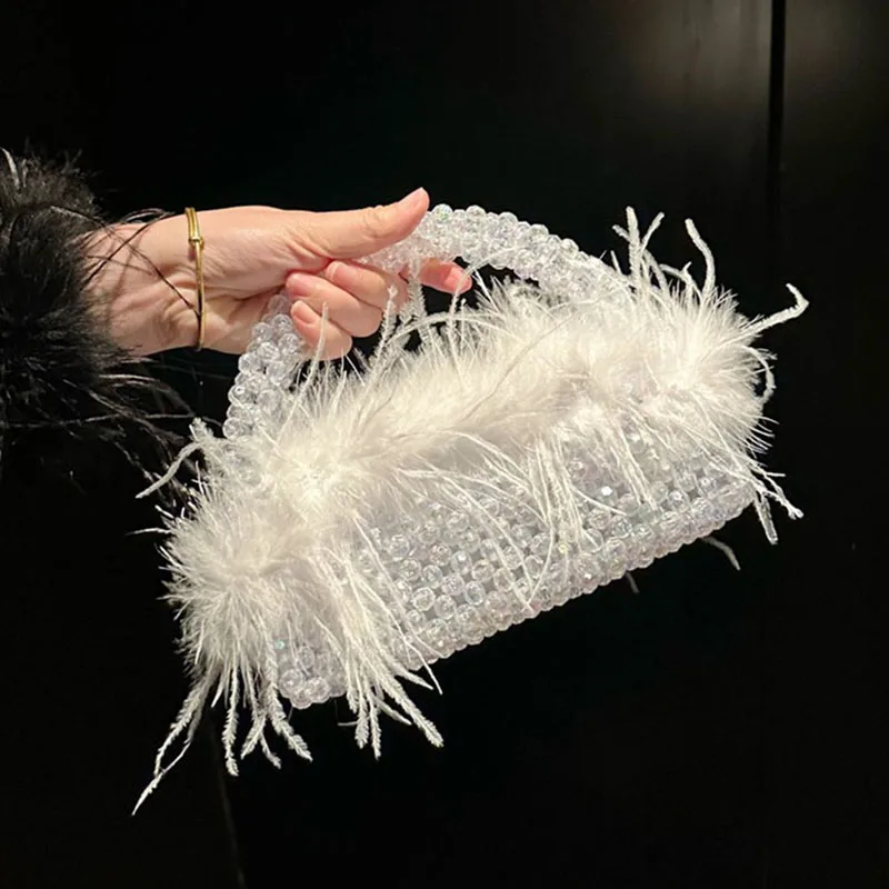 XMESSUN New Acrylic Crystal Bead Tote Bag Ostrich Feathers Handbag for Women,Designer Handmade Wedding Party Evening Purses Ins