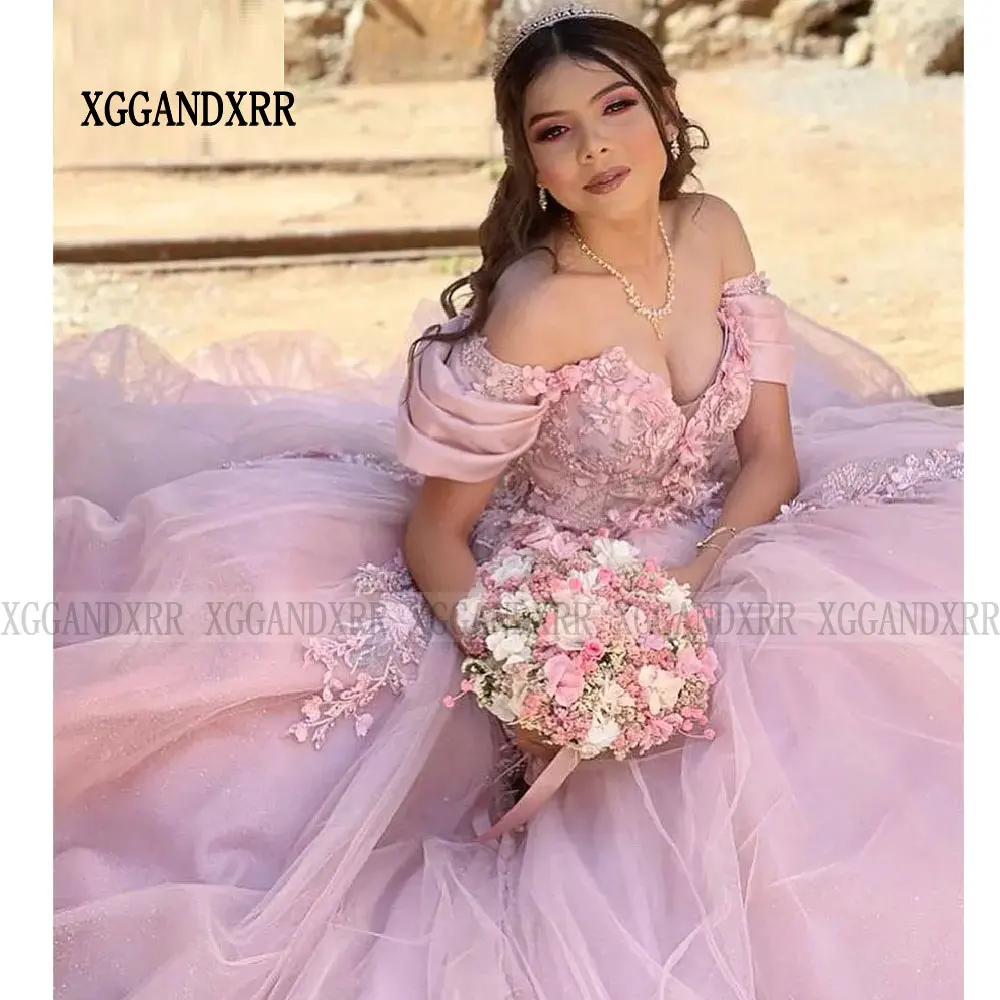 Korset bahu terbuka merah muda romantis gaun Quinceanera Meksiko gaun pesta 2024 gaun pesta Prom applique renda Vestido De XV Anos